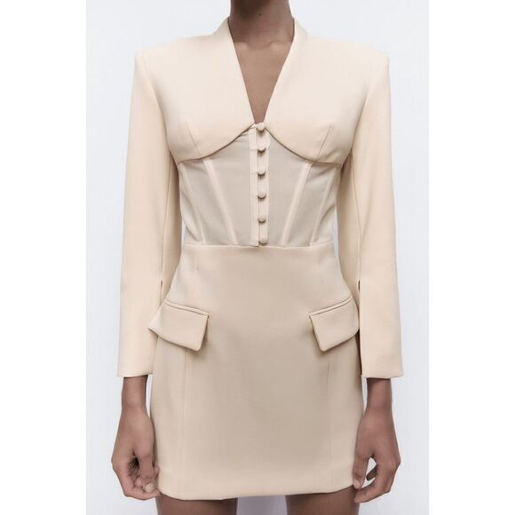 ZARA CORSET BLAZER DRESS BEIGE - Picture 14 of 17